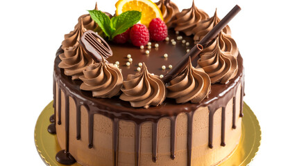 A professional photograph of a luxurious chocolate drip cake on a gold-colored round cake board.