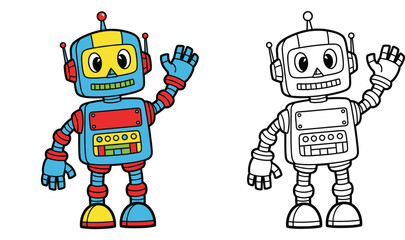 Cute cartoon robot waving hand vector illustration for kids coloring book page, colorful and black and white outline sketch of friendly android toy character © MstAsia