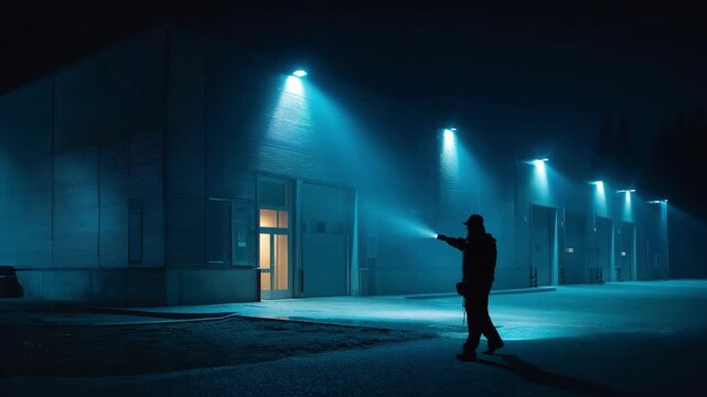 Security guard conducting a nighttime walkthrough of a modern facility using a flashlight to inspect corners for hidden contraband during a surprise check.