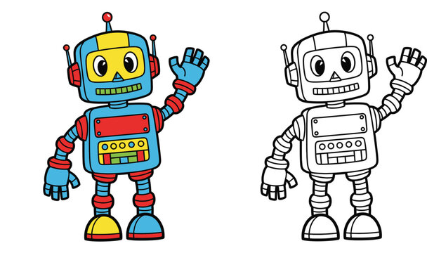 Cute cartoon robot waving hand vector illustration for kids coloring book page, colorful and black and white outline sketch of friendly android toy character