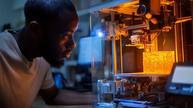 Specialist adjusting resin curing parameters for smooth surface finish in a 3D resin printer under bright workshop lighting