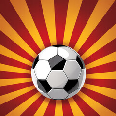 A professional sports poster featuring a realistic soccer ball centered against a dramatic sunburst background.