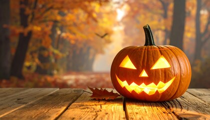 Spooky Jack O Lantern Halloween Pumpkin on Wooden Table in Autumn Forest.