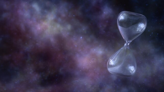 Hourglass floating inside cosmic nebula blending time and space fantasy surreal art
