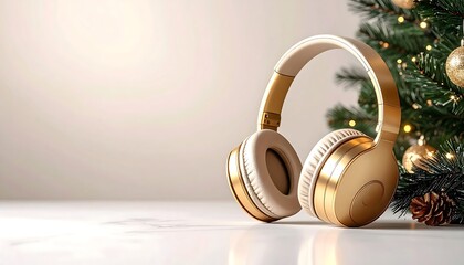 Golden Headphones Near Decorated Christmas Tree with Lights.