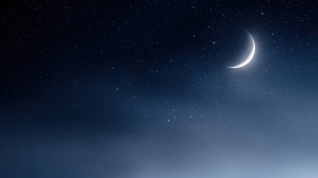 Night sky background with glowing crescent moon and scattered stars, peaceful Ramadan mood,