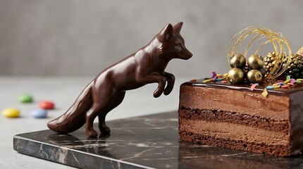 Chocolate Fox Sculpture on Cake, Dessert, Luxury Food, Festive Celebration