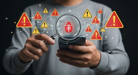 Mobile security threat concept. Magnifying glass highlighting a malware bug icon and surrounded by warning symbols. Cyber risk detection, smartphone protection, data safety