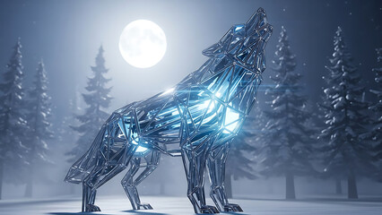 geometric wolf howling at a bright full moon in a dark snowy winter forest representing digital art and technological nature concepts