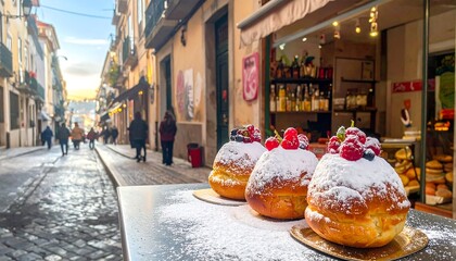 Delicious pastries with fresh berries on display outside a charming European bakery.