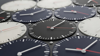 multiple time zones illustrated by an array of analog clock faces symbolizing global business deadlines and international communication planning.