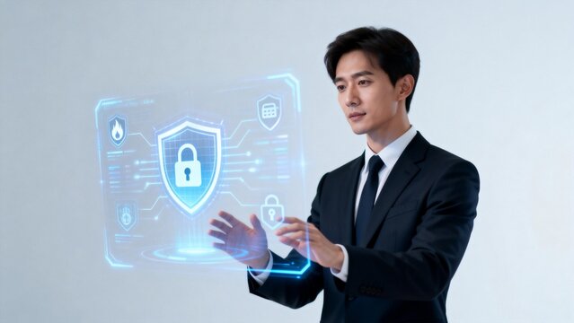Man in suit interacting with digital security interface - Powered by Adobe