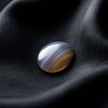 Natural chalcedony cabochon gemstone resting on black fabric elegant macro photography