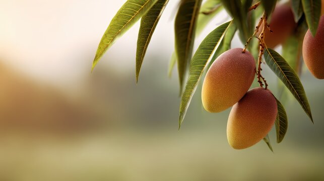 Ripe mango hanging on tree with rustic farm background at sunset