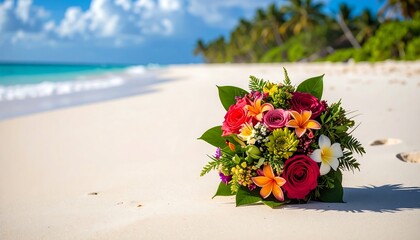 Tropical Beach Wedding Bouquet on White Sand with Turquoise Ocean.