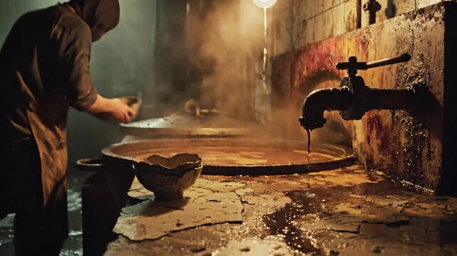 Worker in a dim, steam-filled industrial kitchen stirring a large cauldron under a hanging bulb