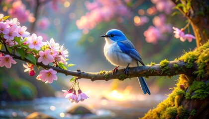 Small Blue Bird Perched on a Flowering Cherry Blossom Branch in Spring