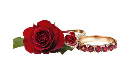 Romantic valentine's day rings with red rose on transparent background
