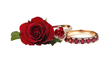 Romantic valentine's day rings with red rose on transparent background