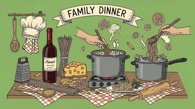 Family Dinner Preparation Cooking Pasta with Wine Cheese and Chef Hat