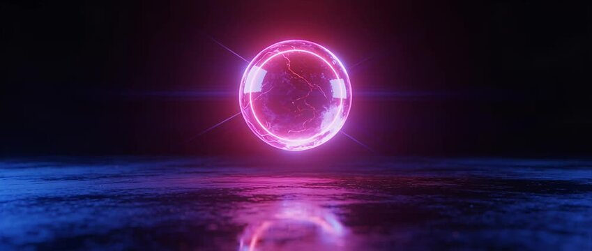 Futuristic neon sphere glowing orb digital energy sci fi technology science fiction cyberpunk hologram abstract background cosmic space fantasy power magic reflection surface