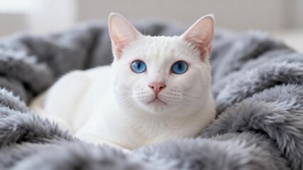 White cat with blue eyes resting