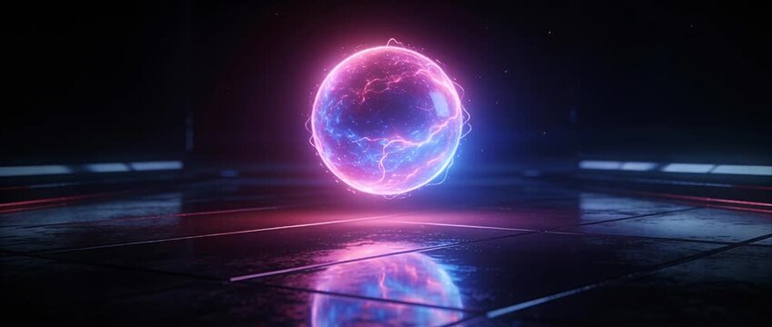 Futuristic sphere technology glow sci fi neon orb reflection science fiction energy field digital power mysterious mood neon energy sphere glowing electric orb futuristic floor dark room with