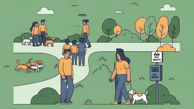 Dog Walkers Enjoy Park Greenery And Trees Animated Motion Graphic Loop