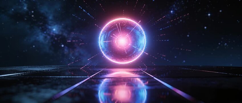 Futuristic neon glowing sphere technology sci fi science fiction energy hologram portal with futuristic glowing energy orb over reflective floor dark space environment starry night sky with dramatic