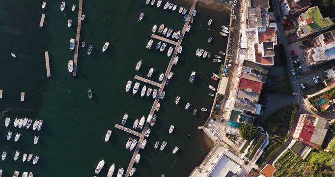 Aerial view of boats dotting the dark waters of Capo Miseno harbor, nestled alongside colorful buildings and a vibrant coastline, Capo Miseno, Campania, Italy.