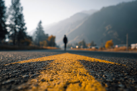 Focus on a yellow directional arrow painted on a road with a blurred silhouette walking toward the misty mountain landscape and autumn trees in the background