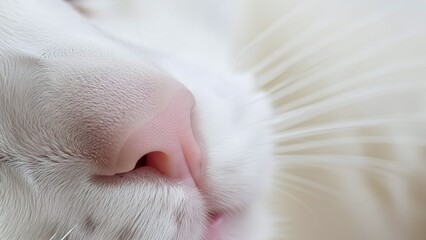 Close-Up Portrait of a White Cat&rsquo;s Pink Nose