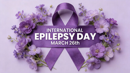 Purple ribbons and flowers convey the core of International Epilepsy Day's "Caring for Brain Health with Purple" message, suitable for warm style medical public welfare promotional materials.

