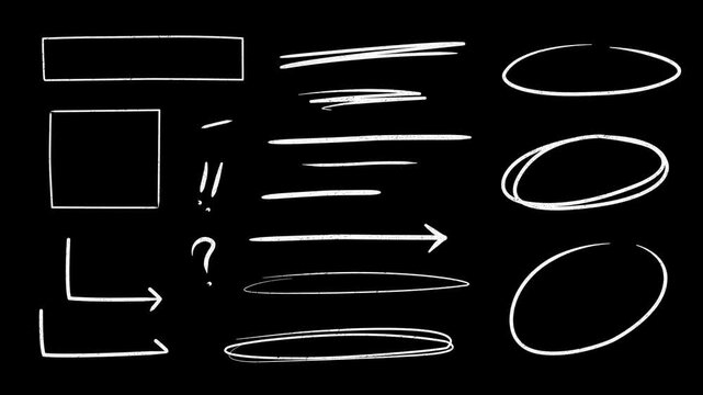 Pencil Crayon Line Art Set. Moving banner with geometric elements and brush stroke texture. Rough chalk underline, circles, squares, and arrows. Hand drawn graphic animated footage