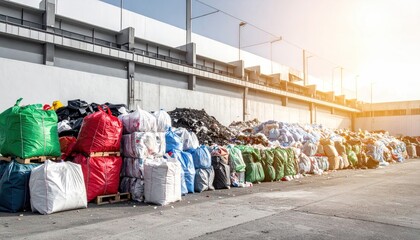 Waste recycling center with colorful bags of sorted materials.