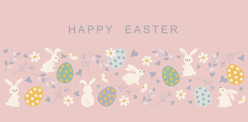 Easter greeting card. Modern background with Easter egg and hand drawn cute bunny, eggs, flowers