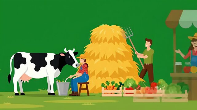 Farmers Milking Cow Haystack Vegetables Market Stall Green Field Loop Animation
