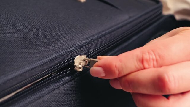 Zipper on suitcase close up, fingers pull at the zipper tab. Packing bags. Travel preparation concept. High quality 4k footage