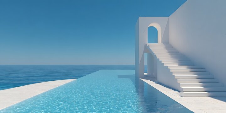 Surreal minimalist white architectural space featuring stairs and an infinity pool merging with a blue ocean and sky under bright sun.