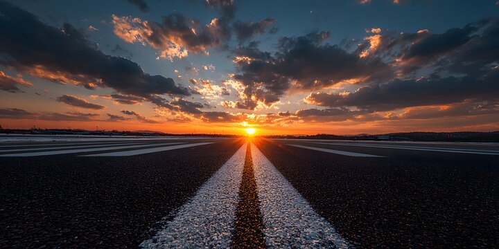 Symmetrical view of an airport runway or empty highway stretching into the horizon at sunset under a dramatic orange and blue sky view.