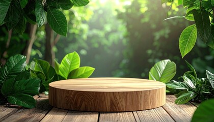 Wooden podium display in lush green forest setting for product presentation.