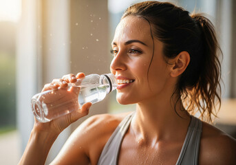 Young strong sporty athletic fitness trainer instructor woman wearing green tracksuit holding in hand yoga mat drink water training do exercises at home gym indoor. Workout sport motivation concept.