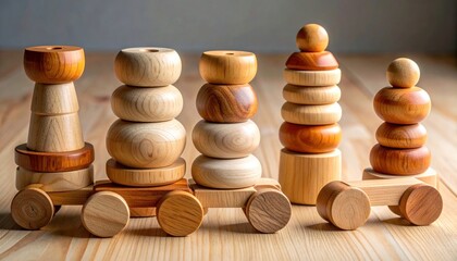 Wooden toy train set on a wooden surface, educational toy.