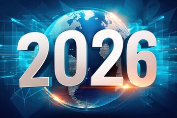 Global technology concept with 2026 numbers over a glowing blue digital world backdrop and connections
