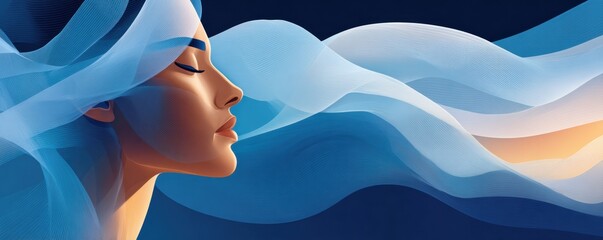 Abstract blue profile of a woman with flowing waves and veil-like fabric