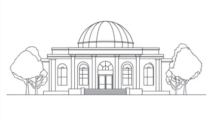 Architectural drawing of a building with trees