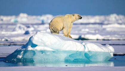 Polar bear on melting ice floe in Arctic region.