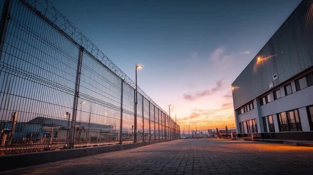 Medium shot featuring a combination of metal and concrete fencing along a facility perimeter during sunset for strong security.