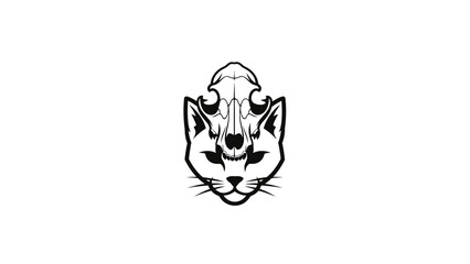 Stylized black and white illustration of a cat head with an animal skull on top, mysterious and gothic design element