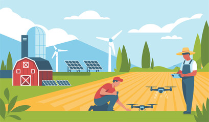 Modern smart farm illustration with farmers using drones wind turbines and solar panels for agriculture © Al
